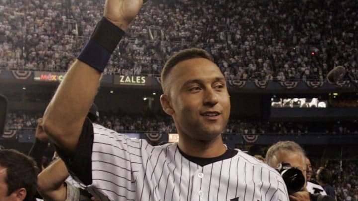 Yankees Derek Jeter and the rest of the New York Yankees thank their fans after the final game at Yankee Stadium Sept. 21, 2008.