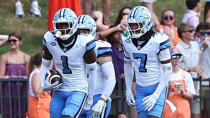 Sep 19, 2026; Clemson, South Carolina, USA; University of North Carolina Tar Heels defensive back Greg Smith (1) celebrates after an interception against Clemson Tigers iduring the third quarter at Memorial Stadium. Mandatory Credit: Ashley Tumlin-Imagn Images Sep 19, 2026; Clemson, South Carolina, USA; University of North Carolina Tar Heels defensive back Greg Smith (1) celebrates after an interception against Clemson Tigers iduring the third quarter at Memorial Stadium. Mandatory Credit: Ashley Tumlin-Imagn Images