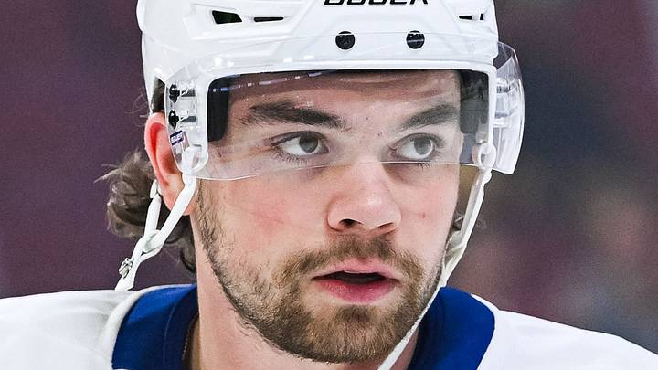 Sep 25, 2025; Montreal, Quebec, CAN; Toronto Maple Leafs forward Matias Maccelli (63) looks on during warm-up before the game against the Montreal Canadiens at Bell Centre. Mandatory Credit: David Kirouac-Imagn Images