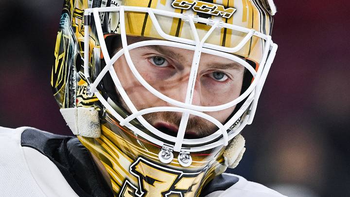 Nov 23, 2024; Montreal, Quebec, CAN; Las Vegas Golden Knights goalie Adin Hill (33) looks on against the Montreal Canadiens during the second period at Bell Centre. Mandatory Credit: David Kirouac-Imagn Images Nov 23, 2024; Montreal, Quebec, CAN; Las Vegas Golden Knights goalie Adin Hill (33) looks on against the Montreal Canadiens during the second period at Bell Centre. Mandatory Credit: David Kirouac-Imagn Images