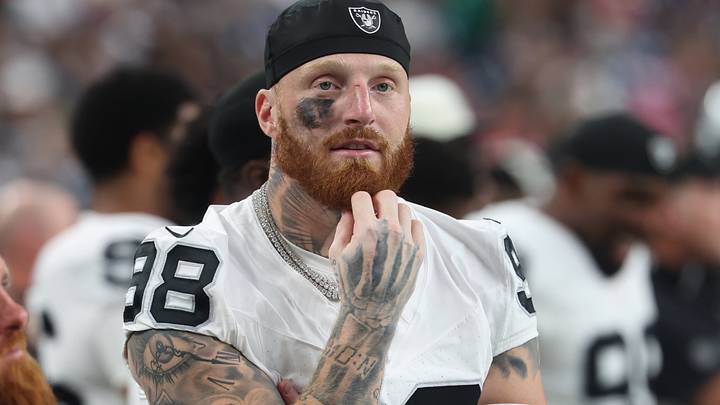 Las Vegas Raiders defensive end Maxx Crosby watches the build board before the Raiders play the Houston Texans.