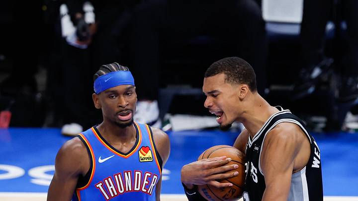 May 18, 2026; Oklahoma City, Oklahoma, USA; San Antonio Spurs center Victor Wembanyama (1) reacts in double overtime against the Oklahoma City Thunder during game one of the western conference finals for the 2026 NBA playoffs at Paycom Center. Mandatory Credit: Alonzo Adams-Imagn Images