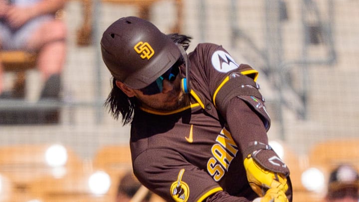 Feb 26, 2025; Phoenix, Arizona, USA; San Diego Padres infielder Connor Joe (24) doubles in the second inning during a Spring Training game against the Chicago White Sox at Camelback Ranch. Mandatory Credit: Allan Henry-Imagn Images Feb 26, 2025; Phoenix, Arizona, USA; San Diego Padres infielder Connor Joe (24) doubles in the second inning during a Spring Training game against the Chicago White Sox at Camelback Ranch. Mandatory Credit: Allan Henry-Imagn Images