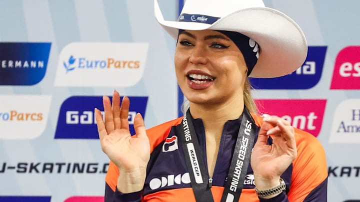 Nov 23, 2025; Calgary, Alberta, CANADA; Jutta Leerdam of Nederlands takes the podium in the women's 500m during the ISU Speedskating World Cup at Calgary Olympic Oval. 
