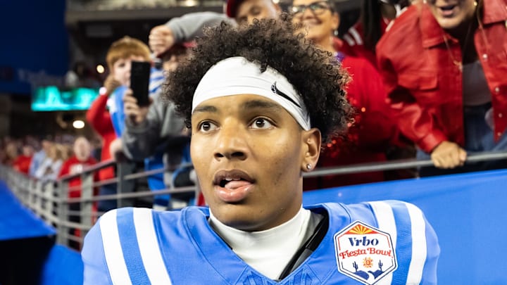 Jan 8, 2026; Glendale, AZ, USA; Detailed view of the jersey of Mississippi Rebels quarterback Trinidad Chambliss (6) against the Miami Hurricanes during the 2026 Fiesta Bowl and semifinal game of the College Football Playoff at State Farm Stadium. Mandatory Credit: Mark J. Rebilas-Imagn Images