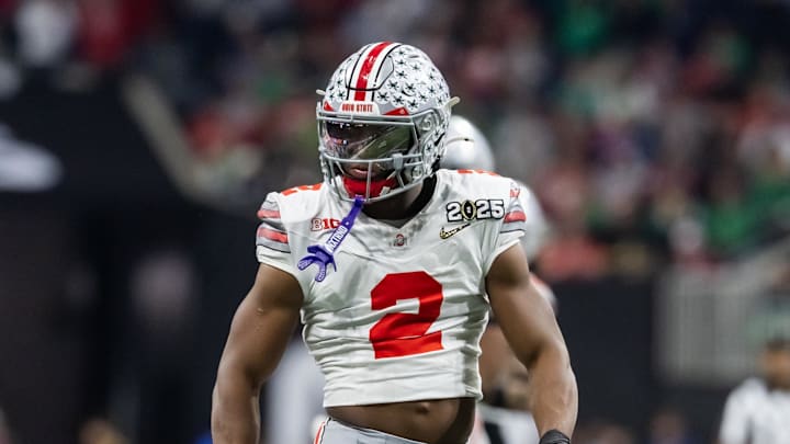 Jan 20, 2025; Atlanta, GA, USA; Ohio State Buckeyes safety Caleb Downs (2) against the Notre Dame Fighting Irish during the CFP National Championship college football game at Mercedes-Benz Stadium. Mandatory Credit: Mark J. Rebilas-Imagn Images
