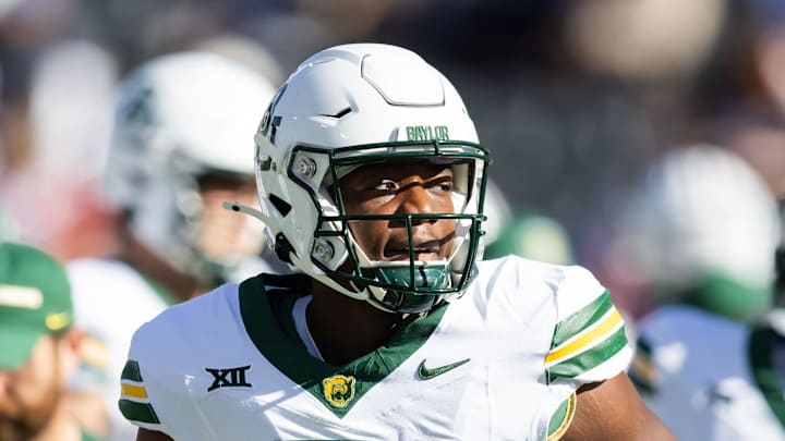 Nov 22, 2025; Tucson, Arizona, USA; Baylor Bears linebacker Kamauryn Morgan (51) against the Arizona Wildcats at Casino Del Sol Stadium. Mandatory Credit: Mark J. Rebilas-Imagn Images