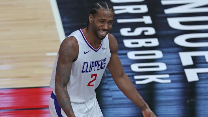 Feb 12, 2021; Chicago, Illinois, USA; LA Clippers forward Kawhi Leonard (2) pleads his case with an official during the third quarter against the Chicago Bulls at the United Center. Mandatory Credit: Dennis Wierzbicki-Imagn Images