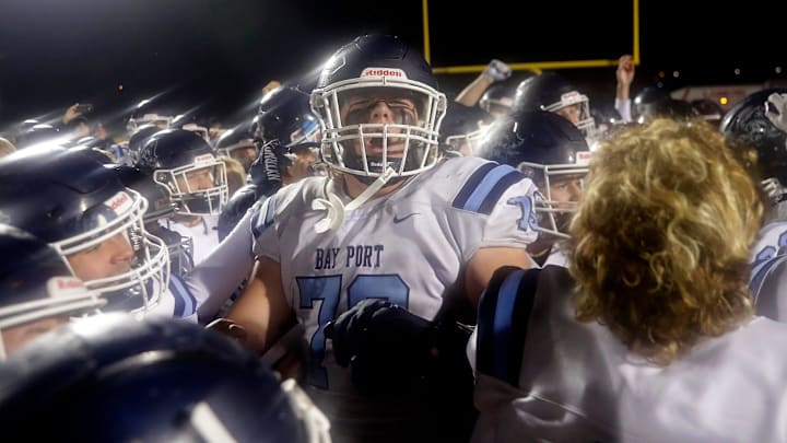 Bay Port High School's Aiden Dirksen (78) celebrates his team’s victory over D.C. Everest in a WIAA Division 1 state semifinal game at UW-Oshkosh's Titan Stadium on Friday, November 15, 2024. Wm. Glasheen USA TODAY NETWORK-Wisconsi
