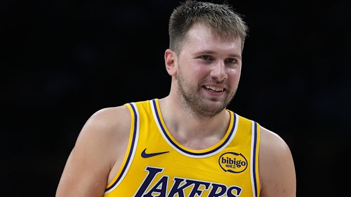 Los Angeles Lakers guard Luka Doncic (77) reacts in the second half against the Minnesota Timberwolves at Crypto.com Arena.