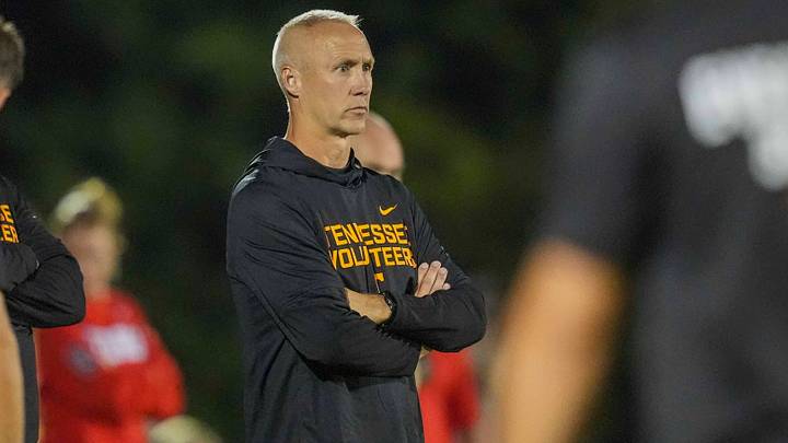 Tennessee soccer coach Joe Kirt during a NCAA soccer game between Tennessee and Georgia at Regal Soccer Stadium in Knoxville, Tennessee on October 2, 2025. Tennessee soccer coach Joe Kirt during a NCAA soccer game between Tennessee and Georgia at Regal Soccer Stadium in Knoxville, Tennessee on October 2, 2025.