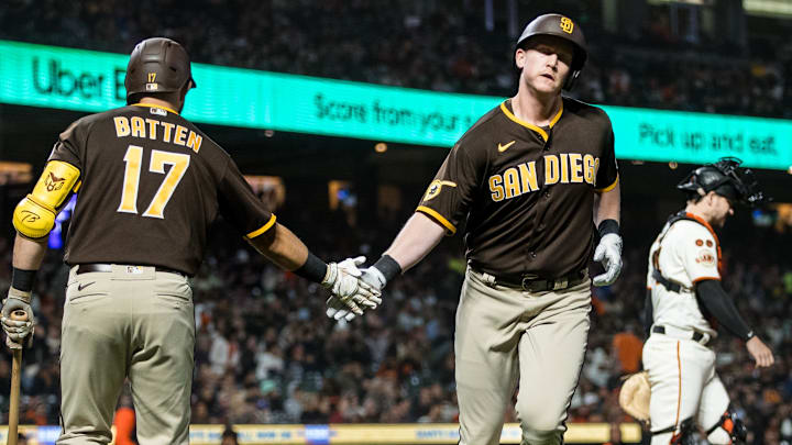 Sep 27, 2023; San Francisco, California, USA; San Diego Padres first baseman Garrett Cooper (24) is