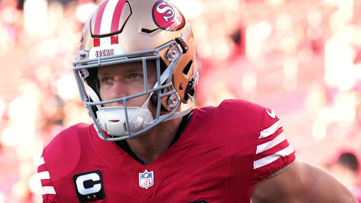 Oct 19, 2025; Santa Clara, California, USA; San Francisco 49ers running back Christian McCaffrey (23) before the game against the Atlanta Falcons at Levi's Stadium. 
