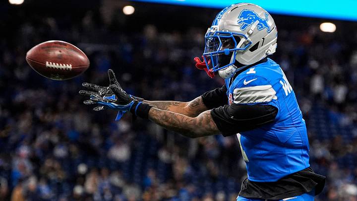 Detroit Lions wide receiver Jameson Williams (1) makes a catch during warm up at Ford Field in Detroit on Sunday, Dec. 21, 2025.