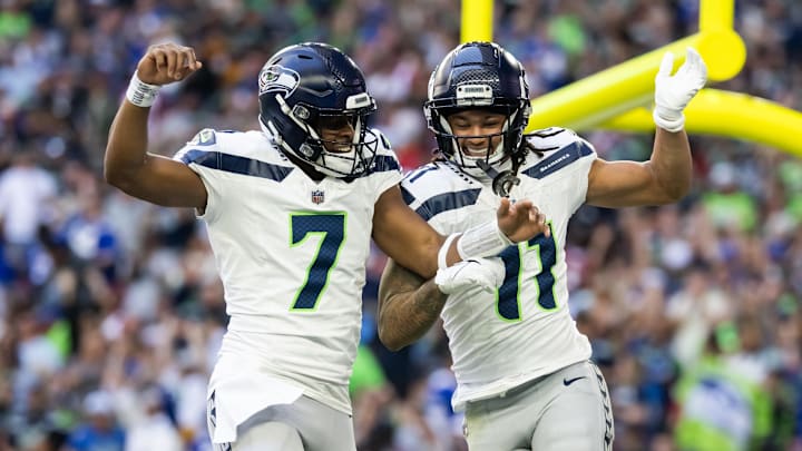 Seattle Seahawks quarterback Geno Smith (7) celebrates a touchdown with wide receiver Jaxon Smith-Njigba, who is a great bet to find the end zone this week. 