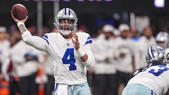 Dallas Cowboys quarterback Dak Prescott (4) throws a pass against the Atlanta Falcons during the second half at Mercedes-Benz Stadium.