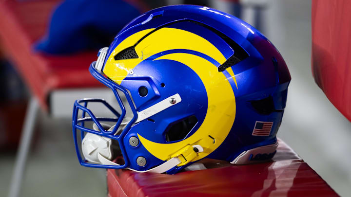 Jan 13, 2025; Glendale, AZ, USA; Detailed view of a Los Angeles Rams helmet during an NFC wild card game at State Farm Stadium. Mandatory Credit: Mark J. Rebilas-Imagn Images