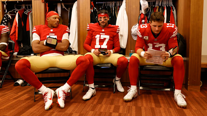 San Francisco 49ers quarterbacks Joshua Dobbs (L), Brandon Allen (C) and Brock Purdy (R)