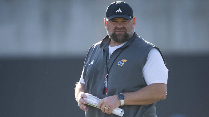 Associate head coach Andy Kotelnicki watches during Kansas spring football practice Thursday, Mar. 26, 2026 in Lawrence, Kansas. Associate head coach Andy Kotelnicki watches during Kansas spring football practice Thursday, Mar. 26, 2026 in Lawrence, Kansas.