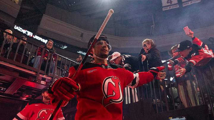 New Jersey Devils defenseman Johnathan Kovacevic (8) makes his entrance against the Pittsburgh Penguins at Prudential Center.: Luther Schlaifer-Imagn Images New Jersey Devils defenseman Johnathan Kovacevic (8) makes his entrance against the Pittsburgh Penguins at Prudential Center.: Luther Schlaifer-Imagn Images