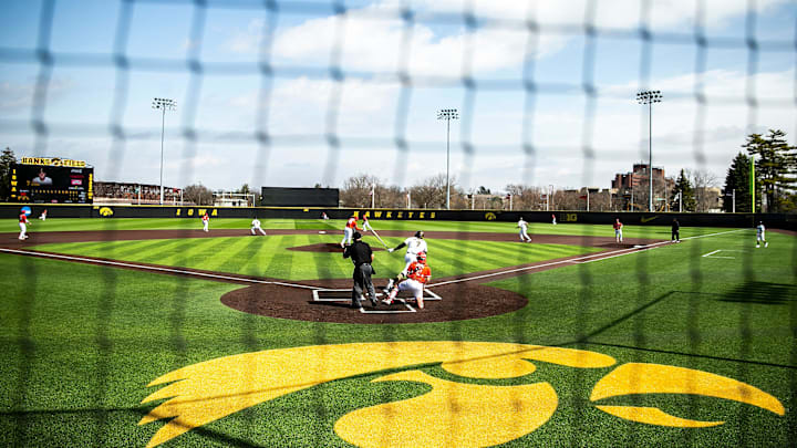 Iowa's Keaton Anthony (7) hits a grand-slam during a NCAA Big Ten Conference baseball game against Maryland, Friday, March 31, 2023, at Duane Banks Field in Iowa City, Iowa.

230331 Maryland Iowa B 004 Jpg