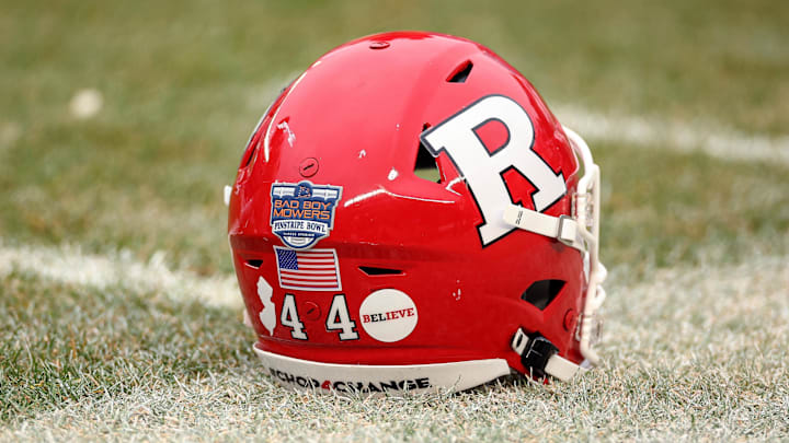 Dec 28, 2023; Bronx, NY, USA; A view of the helmet worn by Rutgers Scarlet Knights place kicker Jai Patel (not pictured) before the 2023 Pinstripe Bowl at Yankee Stadium against the Miami Hurricanes. Mandatory Credit: Vincent Carchietta-Imagn Images