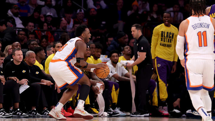 Feb 1, 2025; New York, New York, USA; New York Knicks forward OG Anunoby (8) reacts to an apparent injury during the third quarter against the Los Angeles Lakers at Madison Square Garden. Mandatory Credit: Brad Penner-Imagn Images