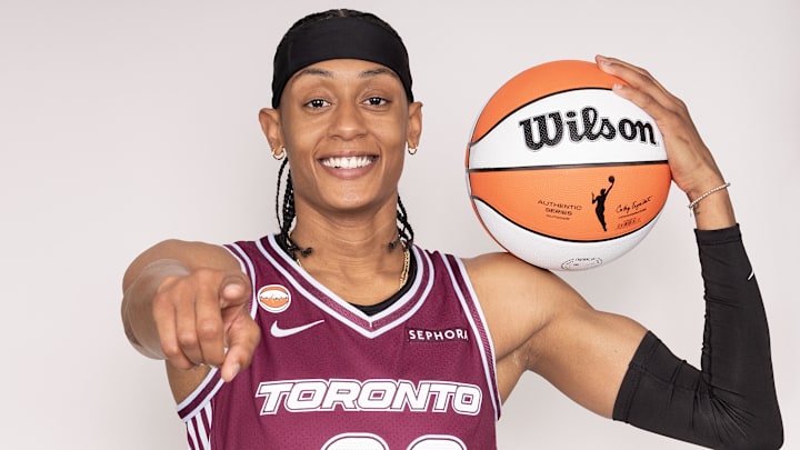 Apr 27, 2026; Toronto, CA, USA; Toronto Tempo guard Brittney Sykes (20) poses for a photo during Media Day. Mandatory Credit: Nick Turchiaro-Imagn Images