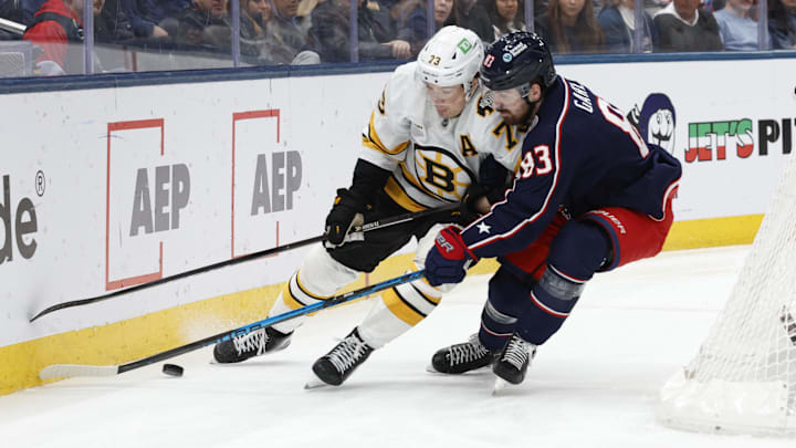 Mar 29, 2026; Columbus, Ohio, USA; Columbus Blue Jackets right wing Conor Garland (83) and Boston Bruins defenseman Charlie McAvoy (73) battle for the puck during the second period at Nationwide Arena. Mandatory Credit: Russell LaBounty-Imagn Images Mar 29, 2026; Columbus, Ohio, USA; Columbus Blue Jackets right wing Conor Garland (83) and Boston Bruins defenseman Charlie McAvoy (73) battle for the puck during the second period at Nationwide Arena. Mandatory Credit: Russell LaBounty-Imagn Images