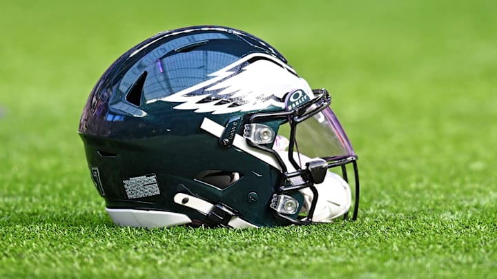 Oct 19, 2025; Minneapolis, Minnesota, USA; A general view of the Philadelphia Eagles helmet before the game against the Minnesota Vikings at U.S. Bank Stadium. 