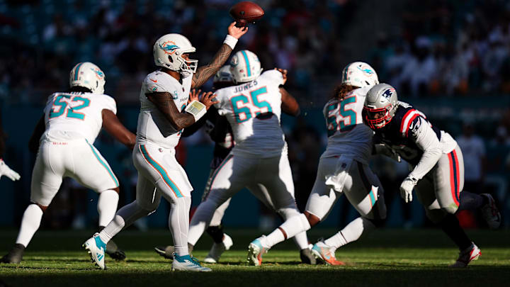 Miami Dolphins quarterback Tua Tagovailoa (1) attempts a pass against the New England Patriots during the second half at Hard Rock Stadium.