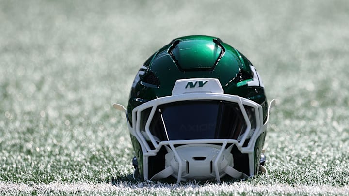 Sep 14, 2025; East Rutherford, New Jersey, USA; A New York Jets helmet sits on the field before the game against the Buffalo Bills at MetLife Stadium. Mandatory Credit: Vincent Carchietta-Imagn Images