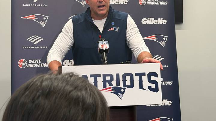 New England Patriots head coach Mike Vrabel speaks to the media after the team's 29-26 win over the Buffalo Bills on Sunday. New England Patriots head coach Mike Vrabel speaks to the media after the team's 29-26 win over the Buffalo Bills on Sunday.
