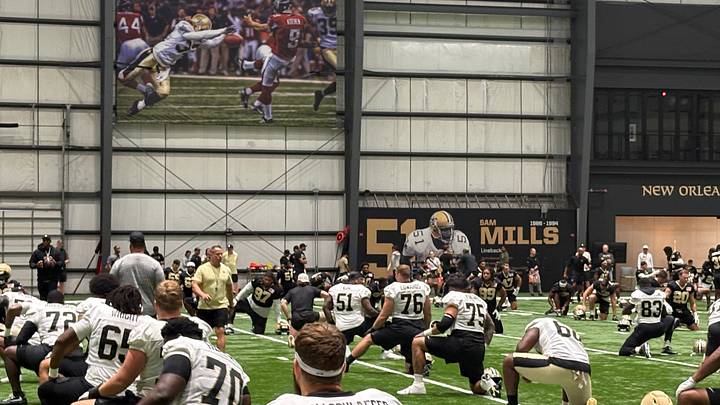 The Saints stretching before practice on Aug. 12, 2026 (Photo taken by Grant Chachere /Saints On SI) The Saints stretching before practice on Aug. 12, 2026 (Photo taken by Grant Chachere /Saints On SI)