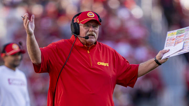 October 20, 2024; Santa Clara, California, USA; Kansas City Chiefs head coach Andy Reid argues with the referee during the fourth quarter against the San Francisco 49ers at Levi's Stadium. Mandatory Credit: Kyle Terada-Imagn Images October 20, 2024; Santa Clara, California, USA; Kansas City Chiefs head coach Andy Reid argues with the referee during the fourth quarter against the San Francisco 49ers at Levi's Stadium. Mandatory Credit: Kyle Terada-Imagn Images