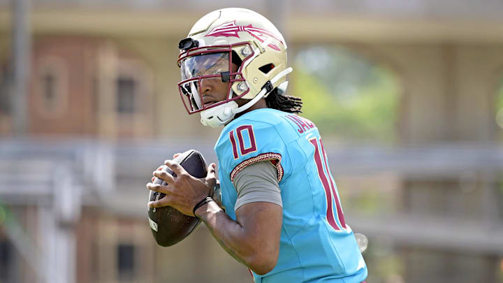Apr 20, 2024; Tallahassee, Florida, USA; Florida State Seminoles quarterback Trever Jackson (10) during the Spring Showcase at Doak S. Campbell Stadium. Mandatory Credit: Melina Myers-Imagn Images