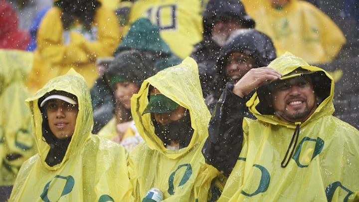 Sep 18, 2021; Eugene, Oregon, USA; A heavy rain greets fans before a game between the Oregon Ducks and the Stony Brook Seawolves at Autzen Stadium. Mandatory Credit: Troy Wayrynen-Imagn Images