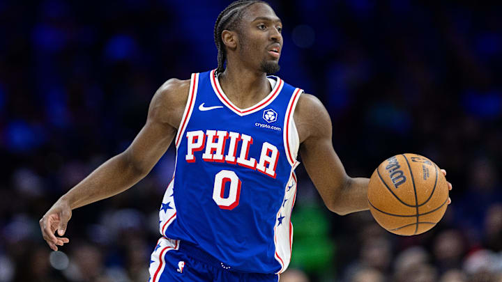 Feb 20, 2025; Philadelphia, Pennsylvania, USA; Philadelphia 76ers guard Tyrese Maxey (0) controls the ball against the Boston Celtics during the third quarter at Wells Fargo Center. Mandatory Credit: Bill Streicher-Imagn Images