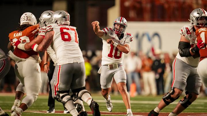 Ohio State Buckeyes quarterback Julian Sayin (10) throws during the NCAA football game against the Texas Longhorns at Darrell K Royal–Texas Memorial Stadium in Austin, Texas on Sept. 12, 2026. Ohio State Buckeyes quarterback Julian Sayin (10) throws during the NCAA football game against the Texas Longhorns at Darrell K Royal–Texas Memorial Stadium in Austin, Texas on Sept. 12, 2026.