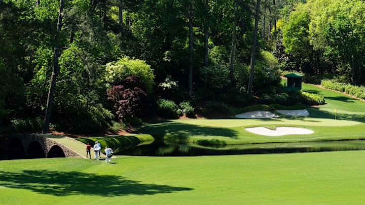 Apr 14, 2024; Augusta, Georgia, USA; Tiger Woods and Neal Shipley walk on the 12th hole during the final round of the Masters Tournament. Mandatory Credit: Kyle Terada-USA TODAY Network