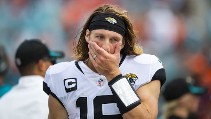 Sep 19, 2021; Jacksonville, Florida, USA; Jacksonville Jaguars quarterback Trevor Lawrence (16) reacts against the Denver Broncos at TIAA Bank Field. Mandatory Credit: Mark J. Rebilas-Imagn Images Sep 19, 2021; Jacksonville, Florida, USA; Jacksonville Jaguars quarterback Trevor Lawrence (16) reacts against the Denver Broncos at TIAA Bank Field. Mandatory Credit: Mark J. Rebilas-Imagn Images