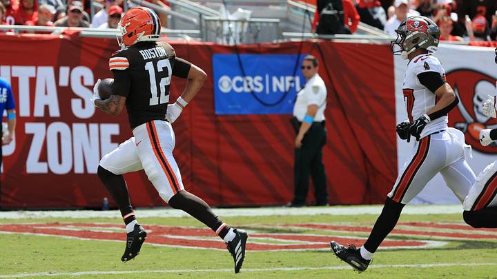 Sep 20, 2026; Tampa, Florida, USA; Cleveland Browns wide receiver Denzel Boston (12) scores a touchdown during the second half against the Tampa Bay Buccaneers at Raymond James Stadium. Mandatory Credit: Kim Klement Neitzel-Imagn Images Sep 20, 2026; Tampa, Florida, USA; Cleveland Browns wide receiver Denzel Boston (12) scores a touchdown during the second half against the Tampa Bay Buccaneers at Raymond James Stadium. Mandatory Credit: Kim Klement Neitzel-Imagn Images