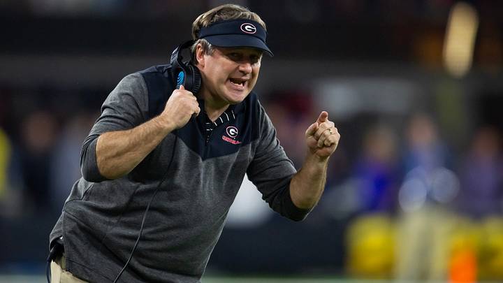 Jan 9, 2023; Inglewood, CA, USA; Georgia Bulldogs head coach Kirby Smart reacts against the TCU Horned Frogs during the CFP national championship game at SoFi Stadium. Mandatory Credit: Mark J. Rebilas-USA TODAY Sports