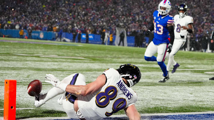 Jan 19, 2025; Orchard Park, New York, USA; Baltimore Ravens tight end Mark Andrews (89) drops a pass on a two-point conversion late in the fourth quarter against the Buffalo Bills in a 2025 AFC divisional round game at Highmark Stadium. Mandatory Credit: Gregory Fisher-Imagn Images