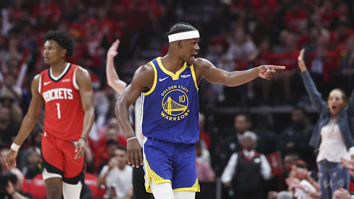 Apr 20, 2025; Houston, Texas, USA; Golden State Warriors forward Jimmy Butler III (10) reacts towards the crowd after scoring during the third quarter against the Houston Rockets at Toyota Center. Mandatory Credit: Troy Taormina-Imagn Images