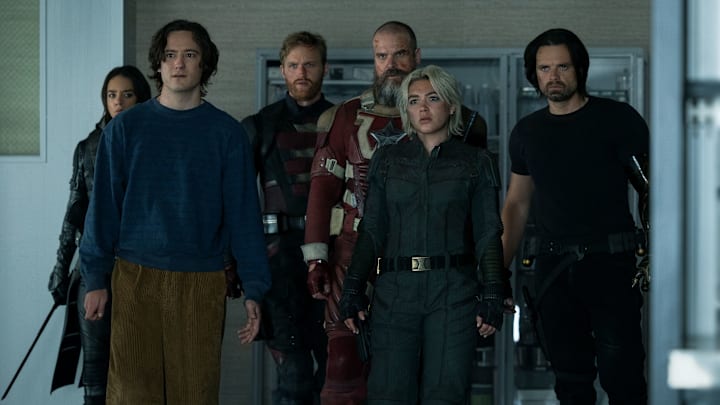 Ghost (Hannah John-Kamen), Bob (Lewis Pullman), John Walker (Wyatt Russell), Alexei Shostakov/Red Guardian (David Harbour), Yelena Belova (Florence Pugh) and Bucky Barnes (Sebastian Stan)in Marvel Studios' THUNDERBOLTS*. Photo by Chuck Zlotnick. © 2025 MARVEL.