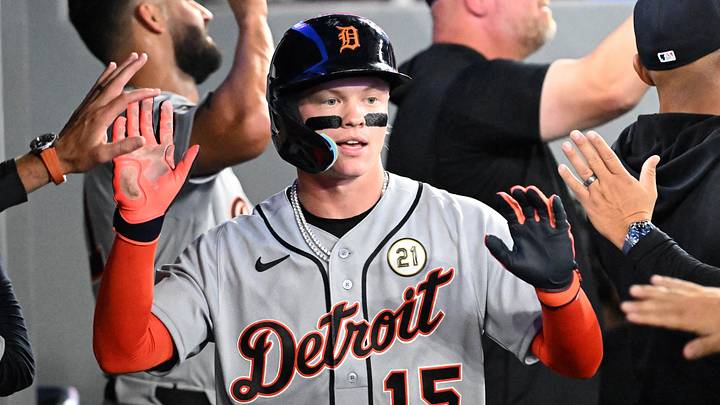 Sep 15, 2026; Toronto, Ontario, CAN;  Detroit Tigers center fielder Max Clark (15) celebrates with team mates in the dugout after scoring against the Toronto Blue Jays in the fourth inning at Rogers Centre.  Mandatory Credit: Dan Hamilton-Imagn Images