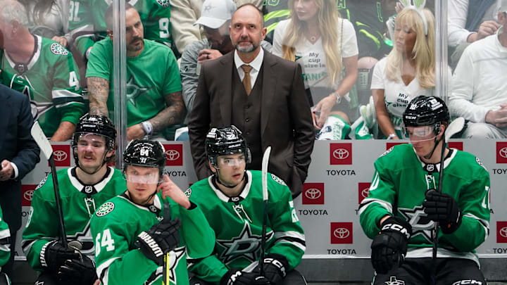 Apr 19, 2025; Dallas, Texas, USA; Dallas Stars head coach Peter DeBoer on the bench during the second period in game one of the first round of the 2025 Stanley Cup Playoffs against the Colorado Avalanche at American Airlines Center. Mandatory Credit: Raymond Carlin III-Imagn Images