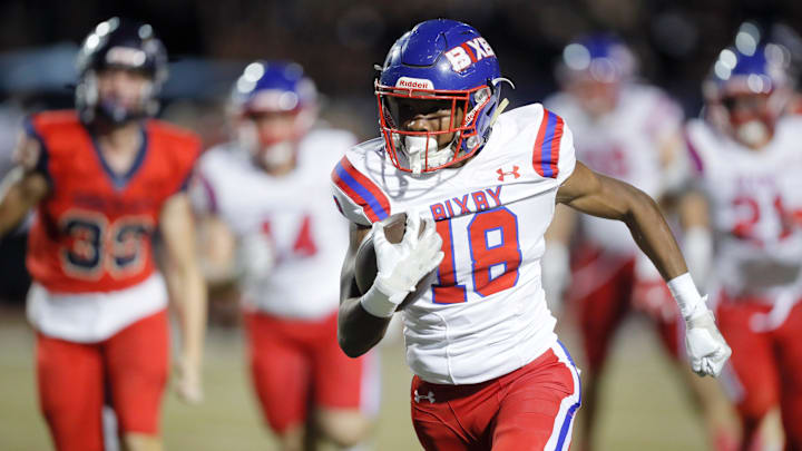 Bixby's Braeden Presley returns a punt for a touchdown during a high school football game between Southmoore and Bixby in Moore, Okla., Thursday, Sept. 28, 2023. Bixby's Braeden Presley returns a punt for a touchdown during a high school football game between Southmoore and Bixby in Moore, Okla., Thursday, Sept. 28, 2023.