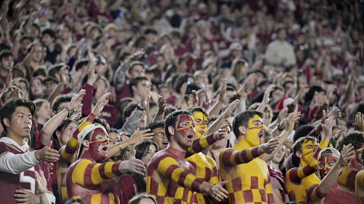 Nov 15, 2025; Tallahassee, Florida, USA; Florida State Seminoles fans during the fourth quarter against the Virginia Tech Hokies at Doak S. Campbell Stadium. Mandatory Credit: Melina Myers-Imagn Images